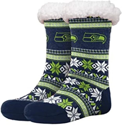 FOCO NFL Seattle Seahawks Fair Isle Footy Slippers Non-Skid Bottom Cover