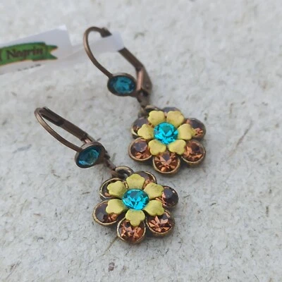 Pendientes Michal Negrin Naranja Amarillo Azul Flor y Cristales Swarovski Regalo Nuevos Foto 1 de 4