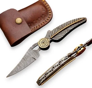 Handmade Damascus Steel Folding Pocket Knife, Hunting Camping With Sheath B - Picture 1 of 4