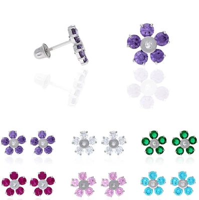 Aretes con flores de piedras preciosas de color oro blanco macizo de 14K atornillados Foto 1 de 4