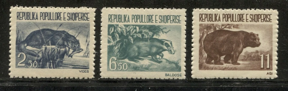 ALBÂNIA 1961, ANIMAIS SELVAGENS, FAUNA: LONTRA, TEXUGO, URSO PARDO. Sc 589-591, sem marca de charneira - Imagem 1 de 1