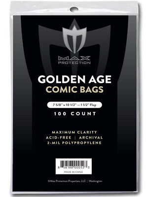 1 PACK - 100 Pc MAX PRO GOLDEN AGE COMIC BOOK BAGS 7-5/8 X 10-1/2 SLEEVES • 10.99£