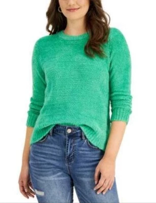 Suéter de mujer STYLE & CO talla pequeña verde deshilachado felpa manga larga cuello redondo  Foto 1 de 4