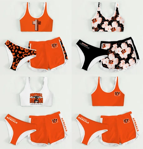 Cincinnati Bengals 3Pcs Womens Outfits Casual Crop Top Shorts Triangle Buttoms Cover