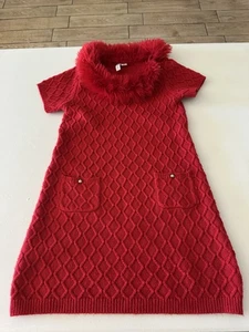 Janie And Jack Short Sleeve Faux Fur Collar Red Sweater Dress Girls Size 6 - Picture 1 of 7