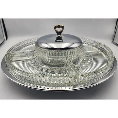 Juego de Servidor Lazy Susan Vintage Vidrio Dividido Relish Condimento Tapa Cromada Foto 1 de 4