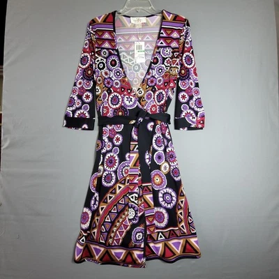 Vestido envolvente marrón JBS by Julie - Estampado geométrico y floral audaz - Talla L con cinturón Nuevo con etiquetas Foto 1 de 4