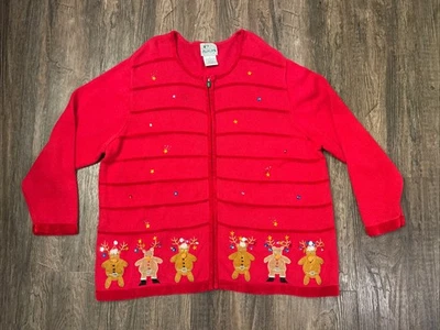 Suéter Quacker Factory 3X Cárdigan Tejido Rojo Cuentas Estrás Reno Vacaciones Foto 1 de 4