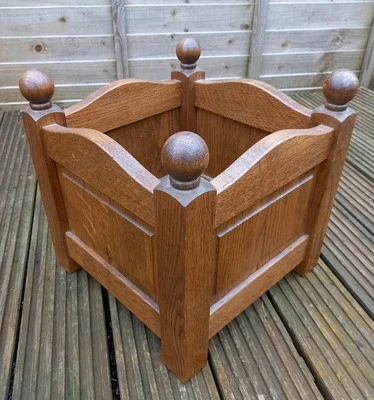 Oak Vintage Solid Wood Planter Flower Pot Traditional Design Top Carving Storage - Image 1 of 4