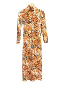 Vintage Alison Ayres Maxikleid Mock Neck 70er Blumen Langarm Orange Boho SM - Bild 1 von 10