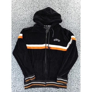 CRIMINAL DAMAGE LONDON Black Velour Zip Up Hoodie Jacket Orange White Stripe M - Bild 1 von 12