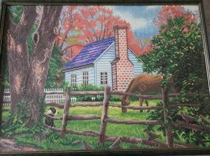 Completed Diamond Art Painting-  Country House with horse. Framed 21" x 29" - Picture 1 of 1