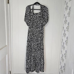 Ann Taylor Puff Sleeve Tiered Maxi Dress Polka Dots Black White XL - Picture 1 of 13