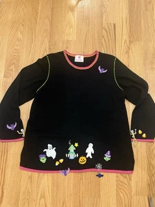 Quacker Factory Halloween Black Pullover Sweater Skeleton, Pumpkin XL Vintage - Picture 1 of 12