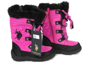 US Polo Assn Winter Boots Youth Girls "MOLLYF7" Pink Black Faux Fur Quilted NEW - Picture 1 of 4