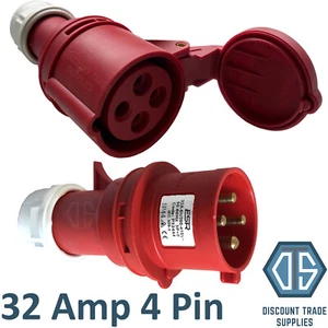 32 Amp 4 Pin Fast Fit Plug & Coupler 3P+E Industrial IP44 Red P32444 C32444 - Picture 1 of 1