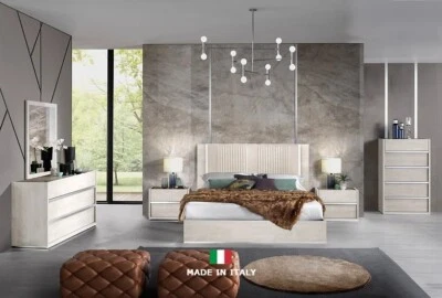 HECHO EN ITALIA 5 PIEZAS LED Queen King Dormitorio Contemporáneo Beige Brillo con Tapa de Mármol Foto 1 de 4