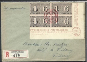 1943 SWITZERLAND POST STAMPS QUATRAIN ON REGISTERED COVERFROM ZURICH TO FRIBOURG - Picture 1 of 2