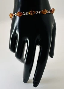 Vintage Sterling Silver 925 Baltic Amber Diamond Shaped Link Bracelet 7 1/4 - Picture 1 of 18