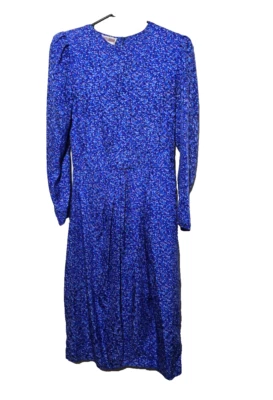 Vestido De Colección Maggie Lodon 8 Azul Seda Retro Plisado Midi Manga Larga Pradera Modesto Foto 1 de 4