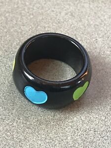 Wide Black Plastic Band w Neon Painted Hearts Ring Size 7.5 -  3/8th’s inches 