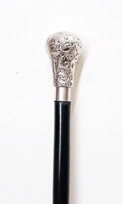 Vintage Antique Silver Brass Knob Head Handle Wooden Cane Black Walking Stick - Image 1 of 4