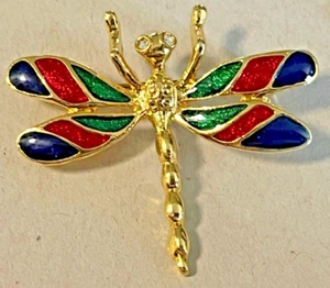 J-3251 Pre-owned Dragonfly Enamel-wear pin-1.75 x 1.5"-gold-tone black,red,green - Picture 1 of 4