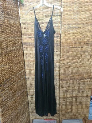 Black Satin Nightgown Women's M VTG Blue Lace Long Full Sweep Boutique USA  - Image 1 of 4