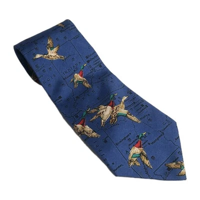 Ducks Unlimited Men's Necktie Tie Silk Flying Mallard Ducks Made USA Blue Map - Image 1 of 4