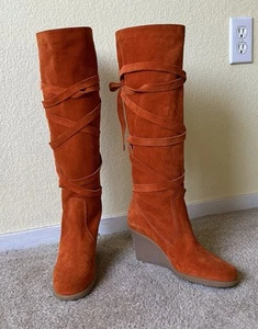 New VTG Michael Kors Suede Boots Orange Tall Knee High Wedge Lace Up 6 1/2 Italy - Picture 1 of 13