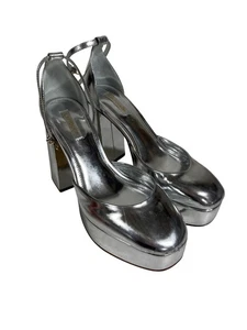 Sandalias de plataforma Larroude Ari de cuero metálico con correa al tobillo plateadas talla 9 para mujer - Imagen 1 de 9
