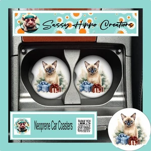 Car Coasters Pretty Tonkinese Cat Kitten Christmas Holiday Set 2 Neoprene - Picture 1 of 6