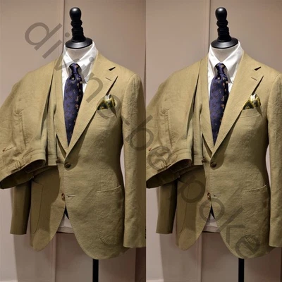Kahki Linen Men's Suits Formal Casual Wedding Tuxedos Prom Coat Pant Slim Fit - Image 1 of 4