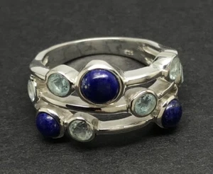 Blue topaz lapis lazuli bubble ring solid Sterling Silver multirow. - Picture 1 of 12