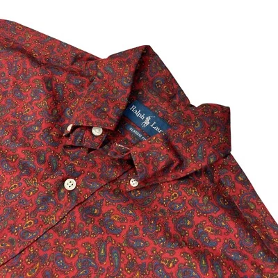 复古 Ralph Lauren 男式 100% 棉经典合身纽扣衬衫红色佩斯利 • 小号 — 第 1/4 张图片