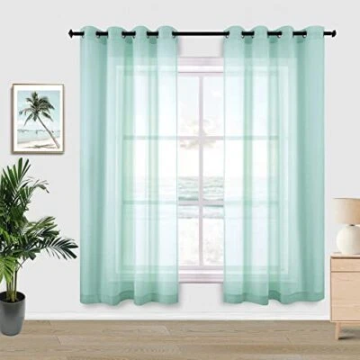  Aqua Green Sheer Curtains 63 Inch Length 2 Panels Rod Pocket 52x63 Aqua Blue - Image 1 of 4