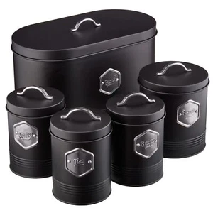 Kitchen Storage Set Bread Bin Sugar Tea Coffee Black & Silver Cooks Professional - Picture 1 of 5