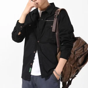 Men Long Sleeve Cargo Cotton Shirts Casual Retro Style Jackets Coats Basic Tops - Picture 1 of 13