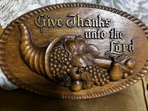 Vintage Gospel Trumpet 1961 "Give Thanks" Cornucopia Fruit Wall Hanger 3D Relief - Picture 1 of 9