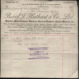 1917 Carlisle, J. Huthart & Co. Lictd. Calzoncillos, Haberdasher, 31 y 33 Fisher Street - Imagen 1 de 1