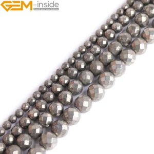 Round Faceted Gemstone Silver Gray Pyrite Beads For Jewelry Making 15" Strand - Picture 1 of 47