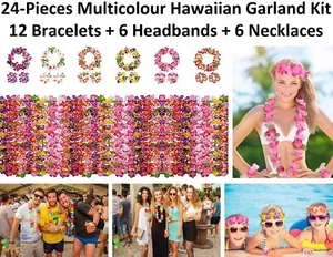 Hawaiian Garland Hawaii Lei Flower Necklaces Bracelets Headbands Luau Hen 24 Pcs - Picture 1 of 9