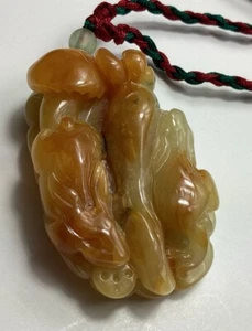 Goldish Brown Two Sided Jadeite 2 Rabbit, Carrot & Bat Translucent Pendant - Picture 1 of 15