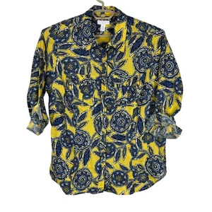 Charter Club 16W blue yellow floral linen button up shirt blouse preppy coastal - Picture 1 of 7