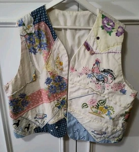 Handcrafted Womens Open Front Vest Made with Vintage Linens OOAK Spring Colors - Picture 1 of 22