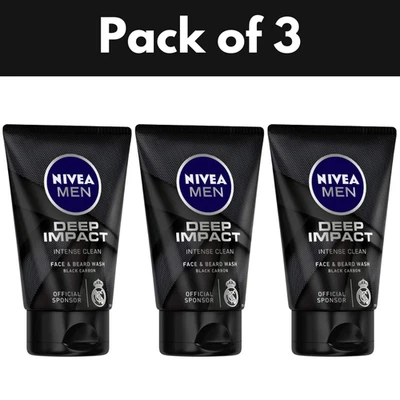 NIVEA Men Deep Impact Intense Clean Face & Beard Wash Black Carbon 100ml X3 - Image 1 of 4