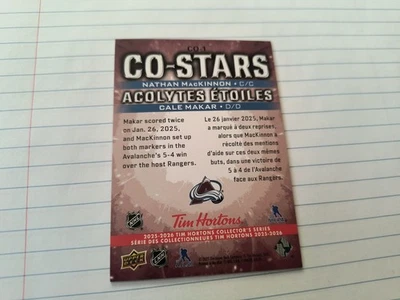 2025-26 tim Hortons upper Deck costars acolytes Nathan MacKinnon/Cale Makar 2 - Image 1 of 4