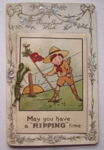 Boy Scout caught on wire fence Christmas postcard attached booklet *C20 - Picture 1 of 3