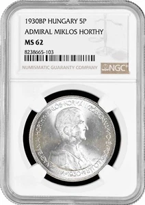 Hungary 5 pengo 1930 BP, NGC MS62, "Admiral Miklos Horthy" silver coin - Picture 1 of 2