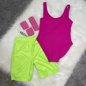 Leotard Jumpsuit Sz L and Athletic Shorts wrist,Hairband Set neon green/ pink - Picture 1 of 6